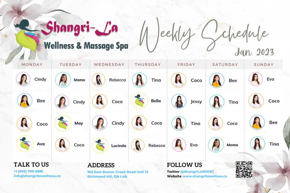 weekly schedule, vichy shower, masseuse, asian masseuse, full body massage, body massage, body on body massage, table shower, massage for men, men massage, back walking, touch massage, shiatsu, Relax Massage at Shangri La Wellness Center and Asian Massage Spa in 160 East Beaver Creek Richmond Hill ON, Markham, North York, Scarborough, Vaughan, Toronto, ON